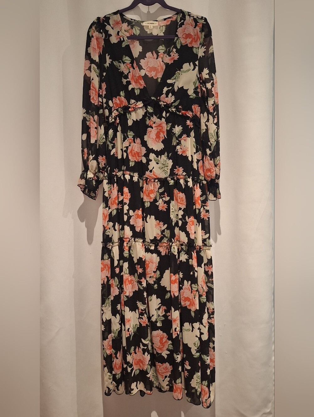 ee:some Floral Tiered Long Sleeve Maxi Dress - Black & Coral Size S